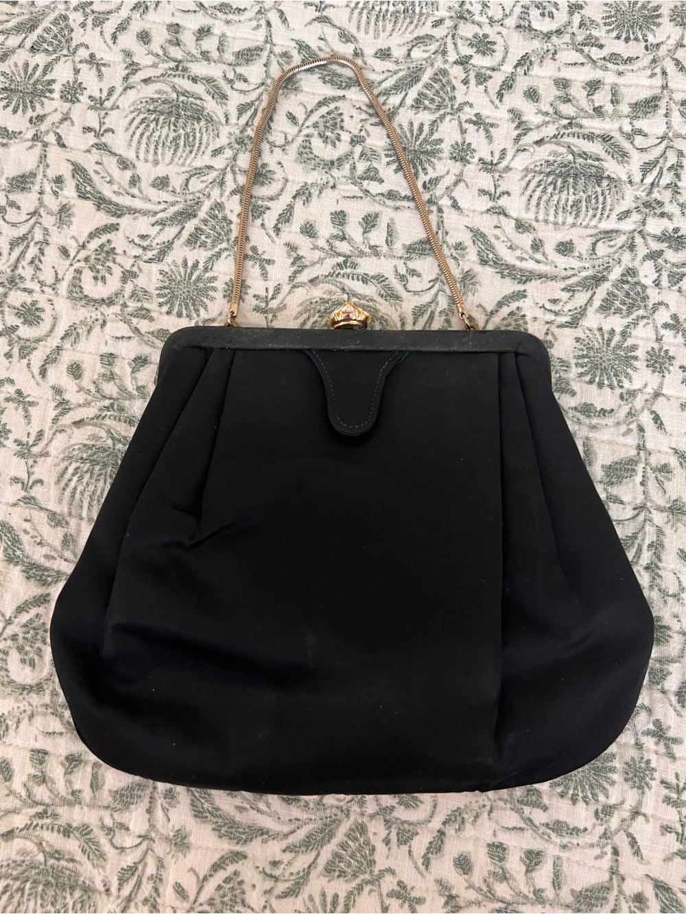 Vintage MCM Black Satin Brocade Lined Cocktail Handbag Ornate Crown Clasp